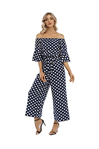 Love Welove Fashion Women's Summer Floral Off Shoulder Ruffled Short Sleeve High Waist Wide Leg Pants Casual Loose Jumpsuit Romper (Xl, Navy Polka Dot, X_L) #TOP1
