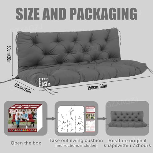 Image of Porch Swing Cushions with Backrest Thicken 5 inch Outdoor Swing Cushions Waterproof Swing Bench Cushions for Outdoor Furniture Patio Backyard Lawn 2-3 Seater Replacement Cushions (Gray)
