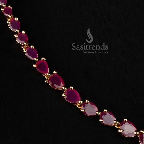 Image of Sasitrends Micro Gold Plated American Diamond Ruby stone Studded Necklace Jewellery Set