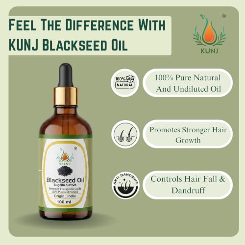 Image of KUNJ Black Seed Oil 100ml - 100% Pure & Natural Cold Pressed Kalonji Oil for Hair, Face, Skin & Scalp Care | Hair Strengthening, Scalp Nourishment & Skin Care | Nigella Sativa Oil