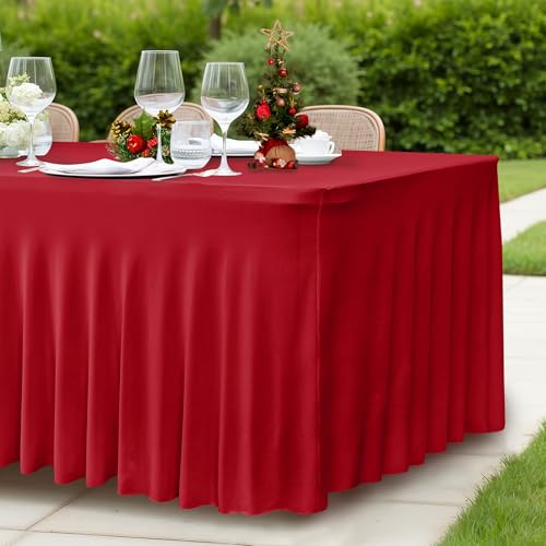 Image of HolidayIdeas 2 Pack Red Spandex Table Skirt for 6 Ft Rectangle Tables, Fitted Stretch Tablecloth 30 x 72 Inch, Wrinkle Resistant Ruffle Design for Valentine's Day, Monther's Day, Trade Shows, Parties