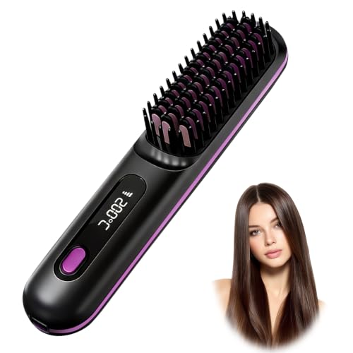 Cepillo calefactor alisador inalámbrico portátil mini enderezador pelo corto barba con 3 temperaturas pantalla LCD peine alisador cerámica anti grietas iones negativo para viajes retoques mujeres