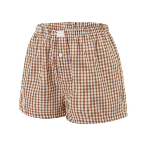 Image of Women Pajamas Shorts Micro Boxer Shorts Y2K Cute Gingham Sleep Lounge Shorts Checkered Plaid Button Pj Mini Shorts