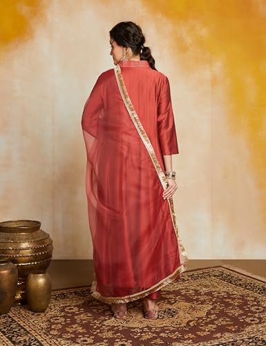 Image of Amazon Brand - Myx Women's Embroidered Kalidar Kurta Pant Set with Organza Dupatta (Available in Plus Sizes)