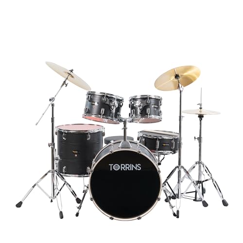 Image of TempoX Professional 5-Piece Acoustic Drum Set with 2 Cymbals & Hi-Hat (Black) | Heavy-Duty Double Braced Stands | Complete Full Drum Set Kit for Practice & Performance