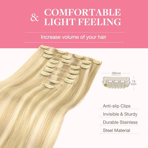 Image of GOO GOO Clip in Hair Extensions Real Human Hair, Remy Human Hair Extensions Clip ins for Women, Natural Human Hair, 22inch 150g 9Pcs, 18A /613A Dark Blonde Highlighted Bleach Blonde