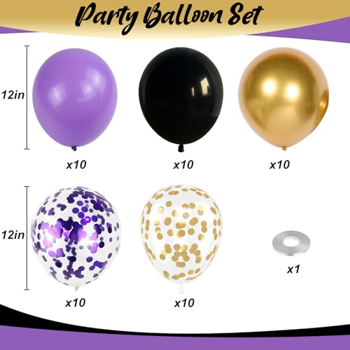 Image of Purple and Gold Balloons, 12 Inch Black Purple and Gold Confetti Balloons for Graduation Prom Halloween Baby Shower Wednesday Retirement Birthday Party Decorations