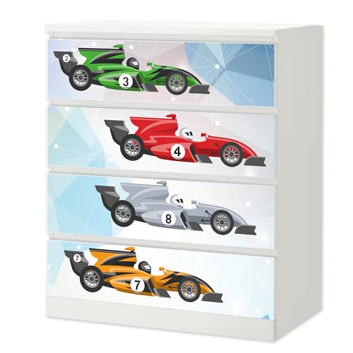 Sunnywall® Möbelfolie passend für IKEA Malm Kommode Schrankfolie Aufkleber mit Rennwagen Formel 1 Motiv | blasenfrei verkleben | Kinderzimmer 4er 80 cm