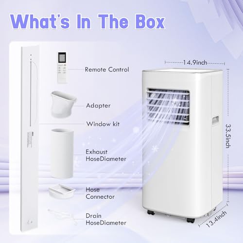 8500BTU Portable Air Conditioner 3-IN-1 with Fan&Dehumidifier AC unit with LED Remote Control up to 450 sq.ft. Room Air Conditioner with Sleep Mode,24H Timer,2 speed,Auto-evaporativ.