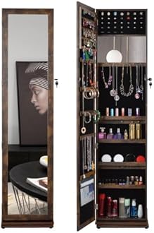 Jewelry Armoire 65" H, Full Length Mirror with Storage 360° Swivel, Lockable Standing Jewelry Cabinet Organizer with Storage Shelves Interior Mirror, Gift Idea,Back Storage Shelves (Antique Gray)