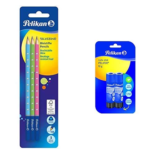 Pelikan 811149 Matite Silverino Grafite HB, 3B, 3 Unità, Diametro 2.3 mm + 24006088 Pelifix Colla Stick 10 g, Impugnatura e Apertura Facilitata, Confezione 2 Pezzi, Asciugatura Rapida, Senza Solventi