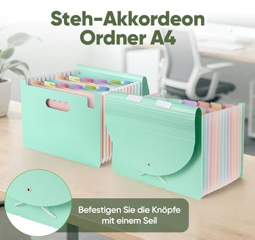 Dokumentenmappe A4 mit 12 Fächer, ElitVita Weizenstroh Fächermappe mit Griff, Aufrecht Document Organizer BPA-frei Aktenmappe Akkordeon mit fächern, Mintgrün Ordner Sortiermappe