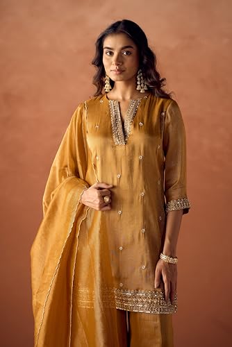 Image of FIORRA Women Mustard Tissue Blend Hand Embroidered Kurta Set with Dupatta