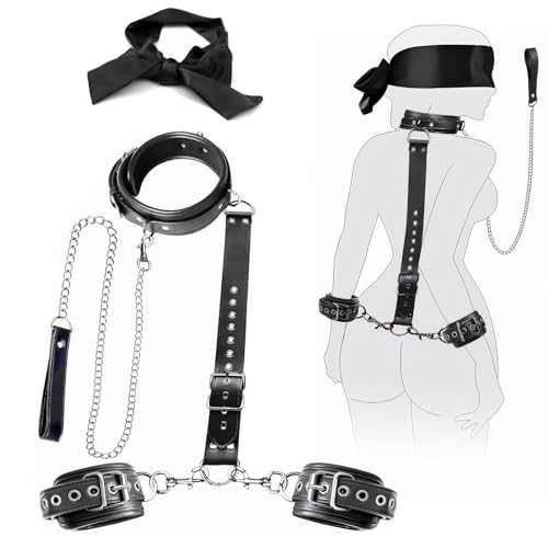 Ninonly BDSM Bondage Set Leder Handschellen Halsband mit Leine Schwarz
