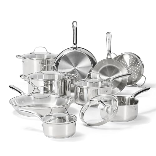 T-fal Gourmet 15-Piece Stainless Steel Cookware Set, Pots and Cooking Set, Dishwasher Safe, Oven Safe to 500°F, Induction Compatible, Sauce, Saute, Frying Pans, Silver