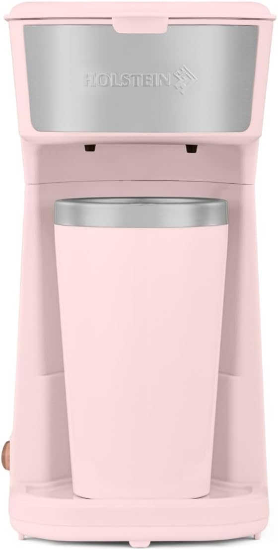 Holstein Housewares Single Serve Coffee Maker, 14oz Personal Coffee Brewer Machine with Reusable Filter, One Touch Operation & Auto Shut Off, Pink