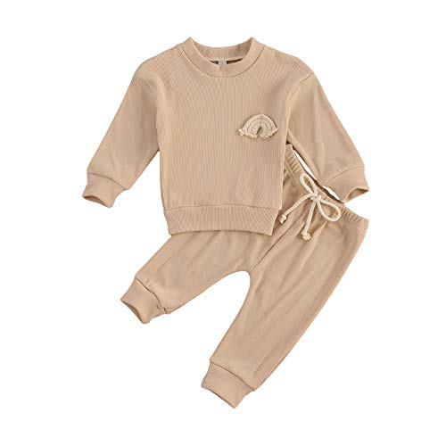 Baby Boy Girl Rainbow Clothes Cute Long Sleeve Sweatshirt Pant Set Newborn Sweater Shirt Sweatsuit Fall Winter Outfits (Solid-Khaki, 18-24m)