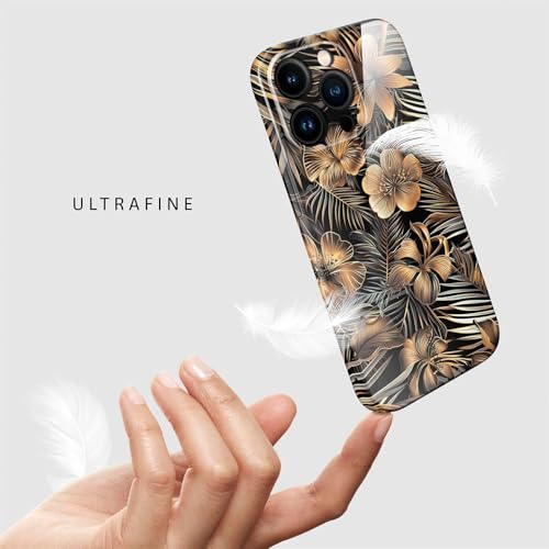 Coque iPhone 14 Pro Max motif floral Or Noir rigide mince antichoc avec caméra
