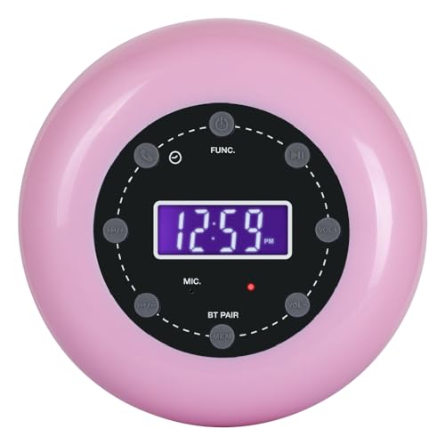 HANNLOMAX HX-159CR Shower Clock Radio, PLL FM Radio, Bluetooth with Hand-Free Function, LCD Display, Waterproof (IPX4), Built-in Li-ion Rechargeable Battery, Unique Suction Cup Design. (Pink)