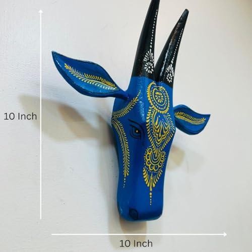 Image of SHREE 'O' GREEN TECH Wooden Cow Head Wall Hanging Handcrafted Bull Nandi Wall Decor Tribal Wooden Animal Face Sculpture for Living Room, Cafe, Home Entrance & Rustic Interior Decor (Set Of 2)