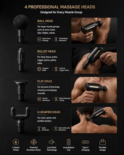 Image of Massage Gun Deep Tissue 6-Speed Portable Percussion Muscle Massager with 4 Heads, Pain Relief, Relaxation for Stiff Shoulders With Full body Massage