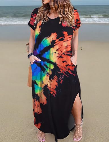 Image of Kancystore Women's Plus Size Dresses Summer Casual Loose Pocket Short Sleeve Slits Long Maxi Dress XL-5X