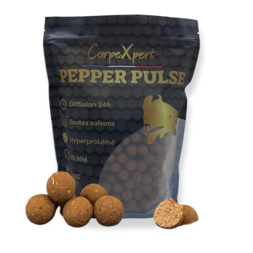 CarpeXpert - Bouillette Pepper Pulse - 20mm - Hyperprotéiné - Diffusion Continue sur 22h+ - Toutes Saisons - 1kg - Appât de pêche à la Carpe……