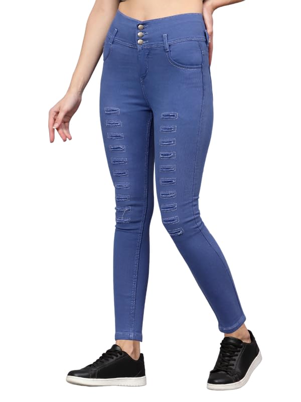 Image of Women s Three Button Plan Design Blue Skinny Fit High Rise Full Length Clean Look Denim Stretchable Jeans
