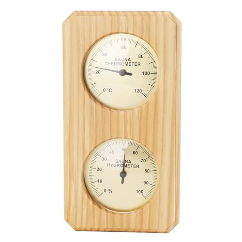 Miskall Sauna Thermometer Hygrometer, Wooden Sauna Hygrothermograph Golden Plate 0 to 120 Celsius 0 to 100 Humidity Sauna Thermometer for Indoor Family