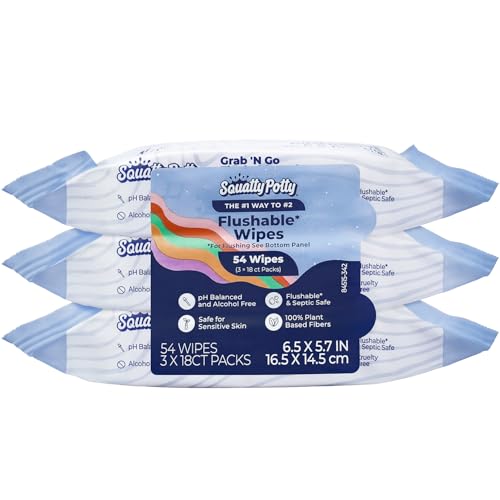 Squatty Potty Flushable Wipes for Travel or On the Go - 3 Pack (54 Total Wipes) - 99% Water & Plant-Based - Green Tea, Cucumber & Aloe Spa Scent - pH Balanced - Septic Safe Adult Wet Wipes