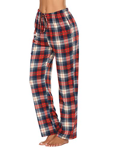 Image of Ekouaer Women Pajama Pants Comfy Pj Bottom with Pockets Stretch Plaid Sleepwear Blue and Red Plaid X-Large