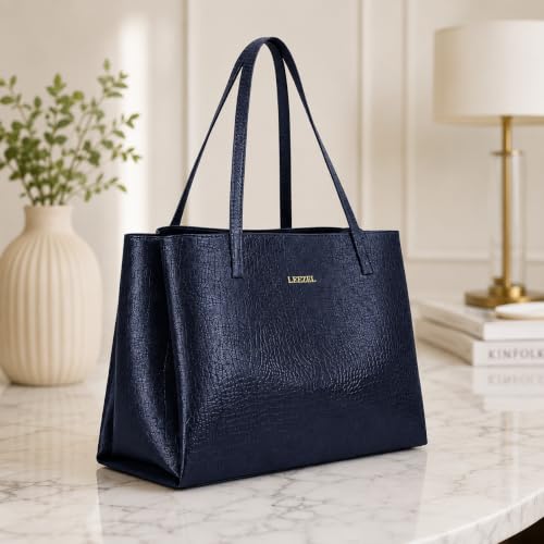 Image of LEEZEL Women's Structured Tote Bag - Large Capacity Work & Travel Purse Croco Pattern Vegan Leather Stylish Tote Bag Classic Everyday Shoulder Bag