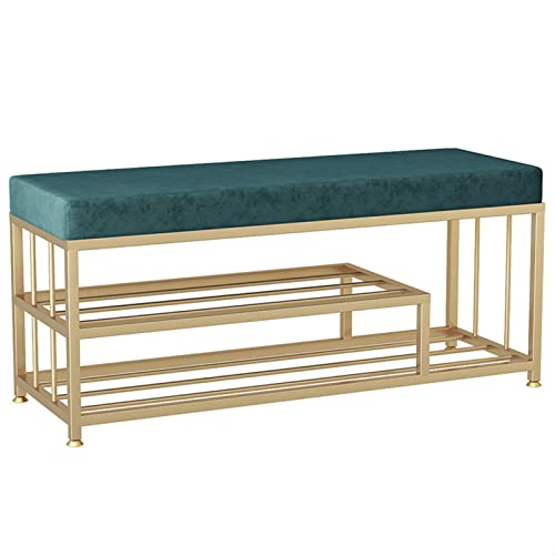 Banc à chaussures en velours vert 100x35x45cm avec cadre en métal doré pour entrée