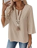 LOMON Womens Summer Tops 3/4 Length Sleeve Womens Tops Dressy Casual V Neck Blouses Cotton Linen Shirts Loose Fit Peasant Tunic(Khaki,XL)