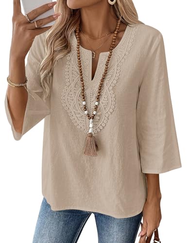 LOMON Womens Tops 3/4 Length Sleeve Cotton Linen V Neck Shirts Khaki