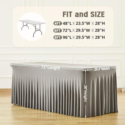 Image of Besutolife Rectangle Table Skirt Black Stretch Tablecloth One-Piece Wrinkle-Resistant Ruffles Design Perfect for Banquets Parties Wedding Dining Table (Grey, 6ft)