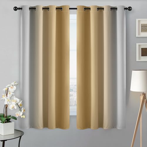 Image of SimpleHome Ombre Beige to Grey White Curtains for Living Room 52Wx63L | Room Darkening Curtains for Bedroom,Gradient Light Blocking Curtain,Thermal Insulated Grommet Window Drapes,2 Panels,63 Inch