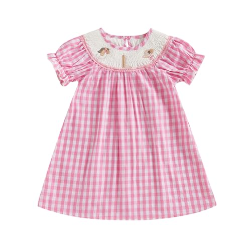Toddler Girl Country Western Dress Short Sleeve Cowgirl Boots Hats Gingham Smocked Dress Little Kids Summer Princess Dress