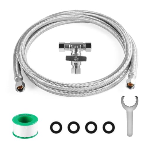 Image of Refrigerator Water Line Kit 20ft inchwith Tee StopValve PEX Inner Tube | Ice Maker Water Line Kit, Stainless Steel Braided Compression Fridge Water Line, for Refrigerator Ice Make