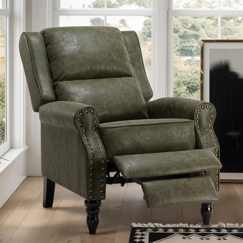 Image of Leather Recliner Chair, Pushback Recliner Chair with Adjustable Backrest Footrest, Mid Modern Reclining with Overstuffed Arms Lumbar Support for Reading, Living Room, Green