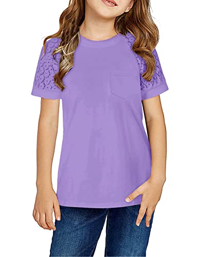 Image of Girls Summer Short Sleeve Shirts Lace Casual Cute Crew Neck Solid Color Blouses Tops Sizes 6-15 Years