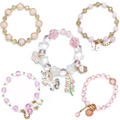 Image of 5PCS Beaded Charm Bracelets for Girls Unicorn Dainty Kawaii Crystal Beads Bracelets Set for Teens Girls Adjustable Stretch Bracelet Birthday Graduation Gift For Daughter Niece Granddaughter