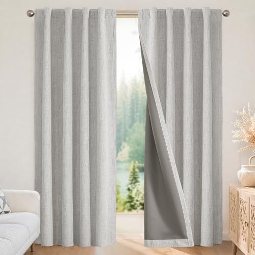 Image of Joydeco 100% Blackout Curtains for Bedroom - Natural Linen Curtains 42 inch Wx 96 inch L Long, Thermal Insulated 2 Panels Greyish White Light Blocking Drapes, Rod Pocket & Back Tabs for Living Room