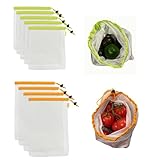 PLANET3 Set of 9 (5M & 4L) Reusable Mesh Produce Bags with Drawstrings for Fruits, Vegetables, Food, Toys - Barcode Scanable - See Through - Tare Weights - Eco-friendly