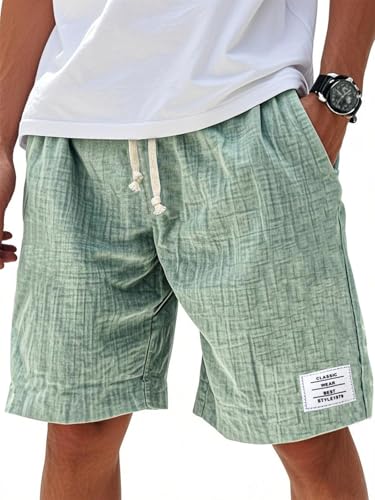 ZGHQHCDRH Men's Casual Shorts Summer Beach Solid Color Elastic Waist Drawstring Knee Length Streetwear Shorts (Green,X-Large)