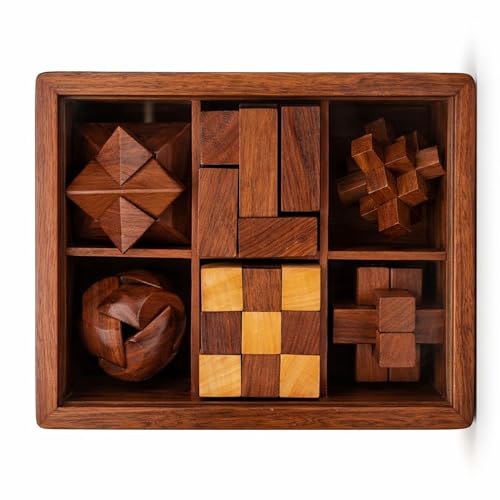 Image of 6-in-1 Wooden 3D Puzzle Game Set for Adults & Teens Brain Teaser IQ Puzzle Collection Educational Learning Toy Logic Strategy & Family Board Games Gift