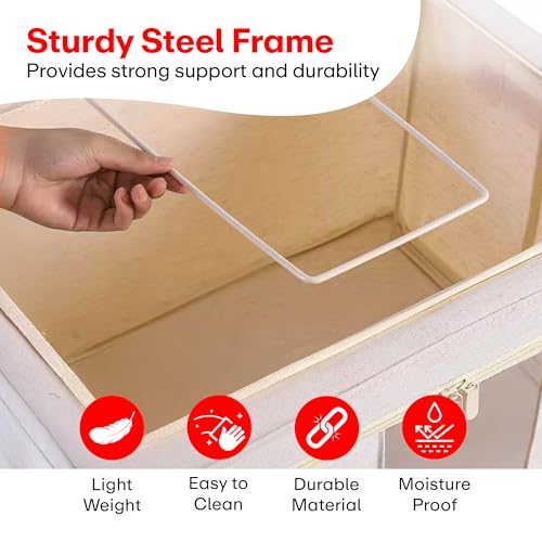Image of Prime Pick Storage Box Foldable Cotton Jute Cloth Organizer with Transparent window Reinforced Handles Washable Wardrobe Storage for Clothes Almirah Drawer Beige XXL Size Pack of 3