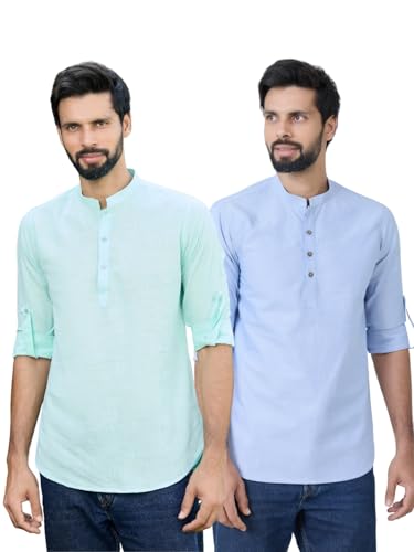 Image of See Designs Men's Roll-Up Sleeve Mandarin Collar Deluxe Cotton Solid Short Kurta (Pack of 2) - Festive Collection