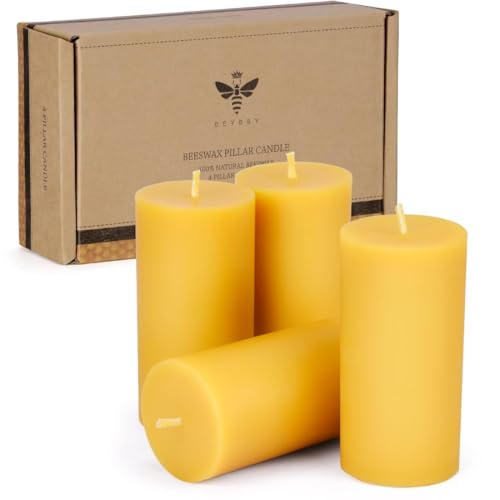 DEYBBY 2 x 4 inch Natural Beeswax Pillar Candles Set of 4, Smokeless Dripless Pure Beeswax Candle Bulk with Natural Scent for for Home Decor Blackout Housewarming Party Event, Long Burn, Yellow