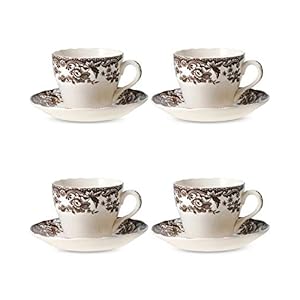 Spode Delamere Teacup and Saucer, Set of 4 | 7 Oz Fine Earthenware Teacup Set | Perfect for Serving Tea, Coffee, and Hot Cocoa | Microwave and Dishwasher Safe